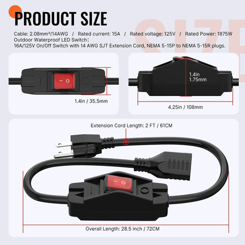 Outdoor 2 Ft 14AWG 3 Prong Extension Cord With Waterproof Lighted Inline Switch Plug In Ready Power Cable 15A 125V