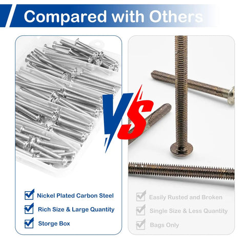 Comparison of 125Pcs Cabinet Screws And Drawer Knobs Kit with M4 Machine Screws next to a competing product showing features.