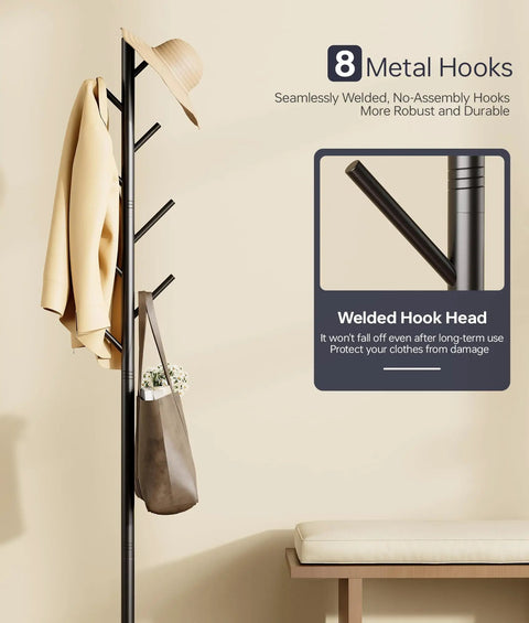 Heavy-Duty Metal Coat Rack With Eight Hooks, Three Adjustable Heights, Modern Hall Tree, with hat and bag, Black.