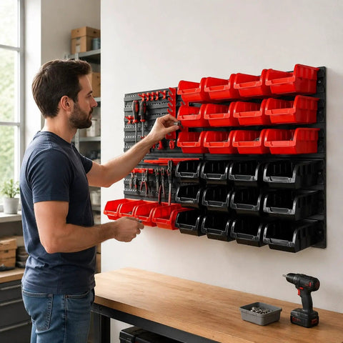 Massive Wall Mount Organizer Pegboard Rack Keeps The Shop Spotless And Sorted This Rugged Build Makes Tool Hunting A Total Breeze For Weekend Warriors Who Want Zero Fuss Setup with red and black storage trays.
