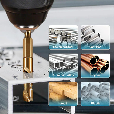 Real Deal M35 Cobalt Stubby Drill Bit Set With 1/4 Inch Hex Shank and premium heat resistance drilling into steel and wood.