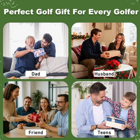 Four images showing happy families and friends gifting packages labeled as golf presents for dad, husband, friend, and teens.