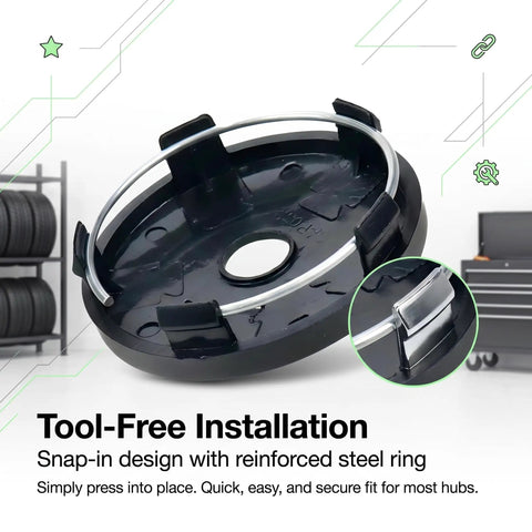 Snap In Wheel Center Caps 4 Pack Premium Scratch Resistant Hub Covers with reinforced steel ring for tool-free installation.