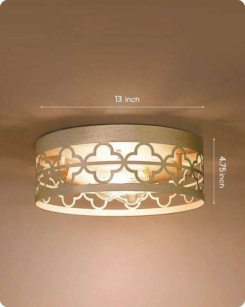 13 inch Semi Flush Mount Ceiling Light Fixture in Modern Farmhouse Style with Antique White Finish, Quatrefoil Drum Shade