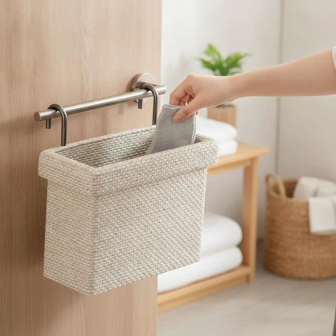 Straight Up Sturdy Hanging Closet Organizer With Dual Steel Hooks For Laundry And Small Garments Rigid Framed Storage Basket Black Closet Game Changer holding socks.