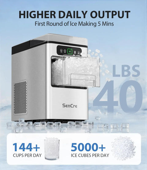 Dope Nugget Ice Maker 40 Lbs Per Day Countertop Ice Machine With Soft Chewable Ice displayed with ice cubes and daily output