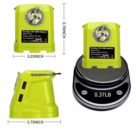 Portable LED Lantern For Ryobi 18V Batteries showing dimensions, dual USB ports, and weight of 0.37lb