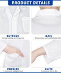 16 Piece Kid Friendly Lab Coat Costume Kit With White Coats Goggles ID Card Holders And Magnifiers for Science Play Doctor Dress Up showing button detail, lapel stitching, pocket design, and cuff sewing.