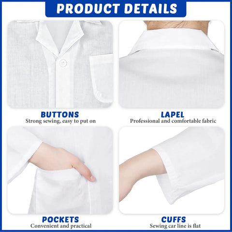 16 Piece Kid Friendly Lab Coat Costume Kit With White Coats Goggles ID Card Holders And Magnifiers for Science Play Doctor Dress Up showing button detail, lapel stitching, pocket design, and cuff sewing.