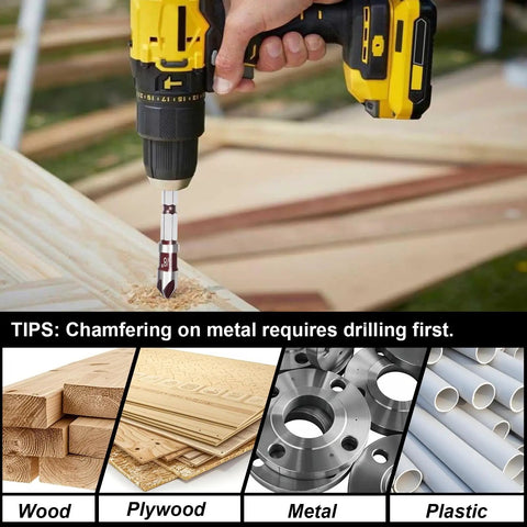 Using 5 Piece Countersink Drill Bit Set With 82 Degree 5 Flute HSS Bits And Quick Change Hex Shank on wood, metal, and plastic.