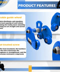 Close-up of blue Half Ton Steel Push Beam Trolley for I-Beam, featuring four smooth wheels and heat-treated components.