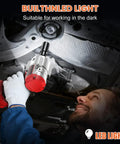Person using Three-In-One Cordless Impact Wrench, Driver And Drill Kit, 1200Nm Brushless Power Tool with LED light under a car.