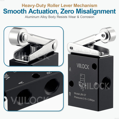 Pneumatic Mechanical Valve Roller Lever Type Two Position Three Way Normally Closed Air Valve JM07 with aluminum body close-up