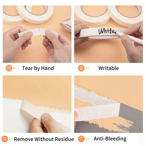 Heavy Duty Painter Tape White Masking Tape 0.7 Inch Wide By 60 Yard Long Three Rolls showing tearing, writing, and residue-free use