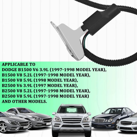 Crankshaft Position Sensor Drop In Direct Fit For Dodge Ram 1500 1997 2003, Ram 2500 1997 2002, Jeep Grand Cherokee 1997 1998, Dakota, Durango Replacement 56027870AB PC127 SU3027 5S1724 with black connector and coiled wire, compatible with various Dodge models as listed.
