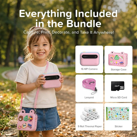 Kids Instant Print Camera Kit With 16MP Sensor, 9 Roll Paper Pack, Durable Travel Case, Totally All In One Gift Set For Ages 4 12, Easy Photo Printing On The Go, Great Starter Camera For Creative Fun; girl holding pink camera