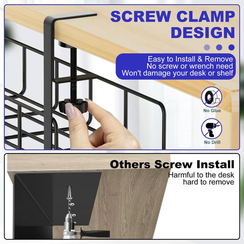 Under Desk Cable Management Tray No Drill Setup Clamp Mount being installed under a desk, showing the screw clamp design
