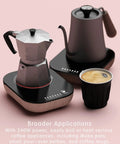 Keep Your Daily Joe Running Warm 240W Electric Coffee Mug Warmer with Moka pot and coffee cup on sleek black walnut design.