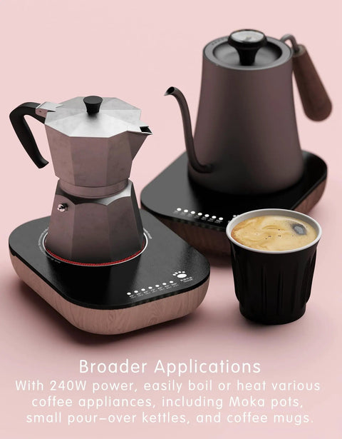 Keep Your Daily Joe Running Warm 240W Electric Coffee Mug Warmer with Moka pot and coffee cup on sleek black walnut design.