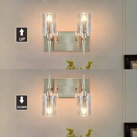 Brushed Nickel Vanity Light Fixture With Clear Glass And Metal Mesh 2 Light Vanity Lights for Bathroom shown upright and downward.