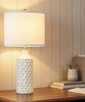 Set Of 2 Dope Ceramic Table Lamps With White Linen Shade 3 Way Dimmable Bedside Lamps displayed on a wooden desk