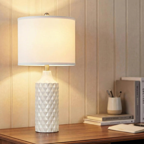 Set Of 2 Dope Ceramic Table Lamps With White Linen Shade 3 Way Dimmable Bedside Lamps displayed on a wooden desk