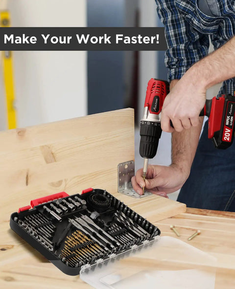 Person using drill with Do It All Drill Bit Set And Driver Bits Kit With Case 100 Pieces For Metal Wood Concrete And Masonry.