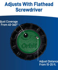 Voyager Screw-Top Gear-Drive Rotor Sprinkler Head adjustment instructions, showing screwdriver slot and coverage details.