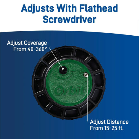 Voyager Screw-Top Gear-Drive Rotor Sprinkler Head adjustment instructions, showing screwdriver slot and coverage details.