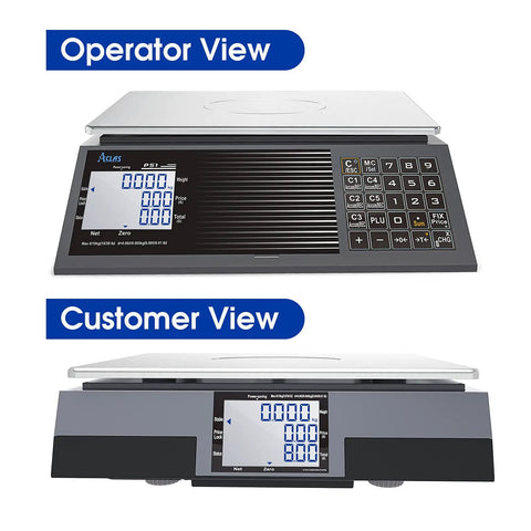 Digital Price Computing Scale 60Lb 0.02Lb NTEP Certified For Trade With Dual LCD Displays shown from operator and customer views.