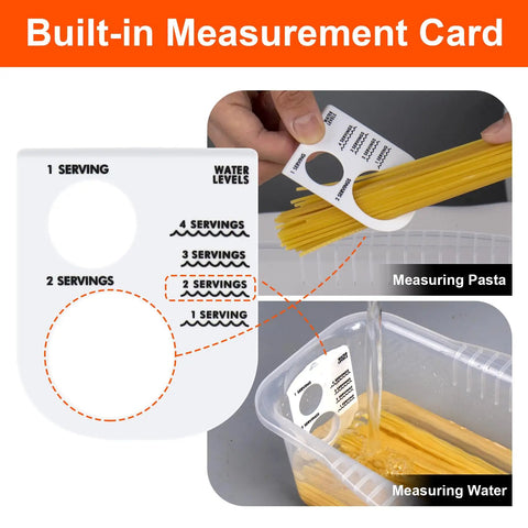 Microwave Pasta Pot With Strainer Lid And Measuring Cup Clip, Quick 10 Minute Cook For 1 To 4 Servings, measuring card detail