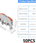 Image of 50 Pack Compact Din Rail Terminal Blocks featuring quick snap lever connectors for 28 to 12 AWG electrical wiring.
