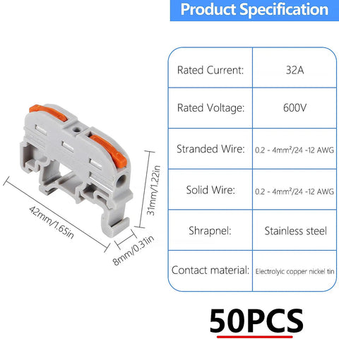 Image of 50 Pack Compact Din Rail Terminal Blocks featuring quick snap lever connectors for 28 to 12 AWG electrical wiring.