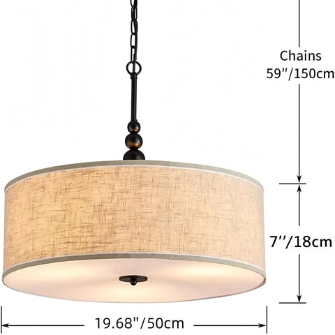 Beige Drum Pendant Chandelier For Dining Room, Farmhouse Style With White Linen Shade, 3 Light E26 Fixture, Adjustable 59 Inch Chain