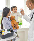 Mother and child with doctor, compact combination lock box for phone, medicine, snacks, personal items safe at home or on the go.