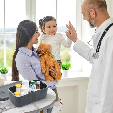 Mother and child with doctor, compact combination lock box for phone, medicine, snacks, personal items safe at home or on the go.