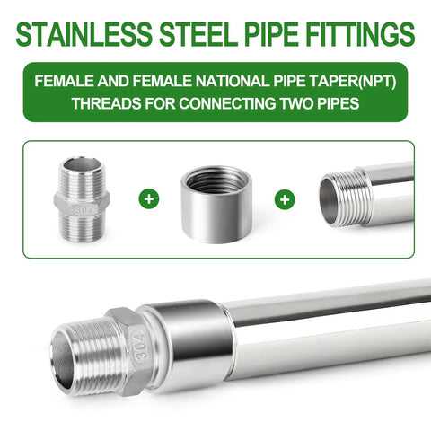 Rock Solid One Point Two Five Inch Double Female NPT Pipe Coupler 304 Stainless Steel Heavy Duty Rust Proof Connector for connecting pipes.