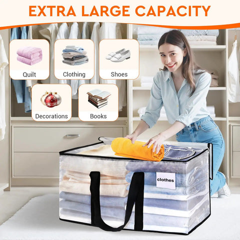 Person organizing clothes in Clear Heavy Duty Moving Bags 4 Pack With Zipper, Extra Reinforced Handles, 93L Each, in a closet.