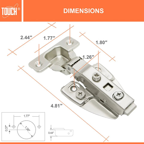 European Concealed Face Frame Cabinet Hinges Soft Close Clip-On With Screws One Half Inch Overlay 3D Adjustable shown with dimensions