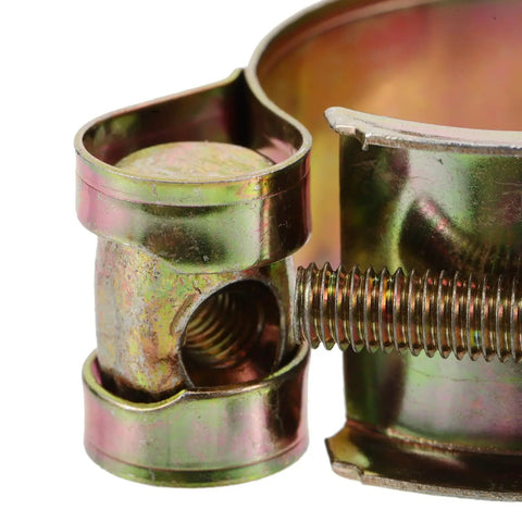 Heavy Duty 10 Piece T-Bolt Hose Clamp Kit With Stainless Steel Adjustable Clamps In 26 To 28 mm Size For Cars Trucks And Custom Builds Featuring Thickened Design That Won't Budge Or Fail Under High Pressure So You Can Build Your Ride Without Worry. stainless steel T-bolt hose clamp close-up
