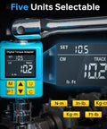 Half Inch Digital Torque Adapter With Color Display And Smart Alerts For Auto Maintenance Pro Grade Precision Peak Track Preset And Store Features Versatile Torque Wrench Adapter From 7.5 To 150 Foot Pound Range, shown in use on a wrench.
