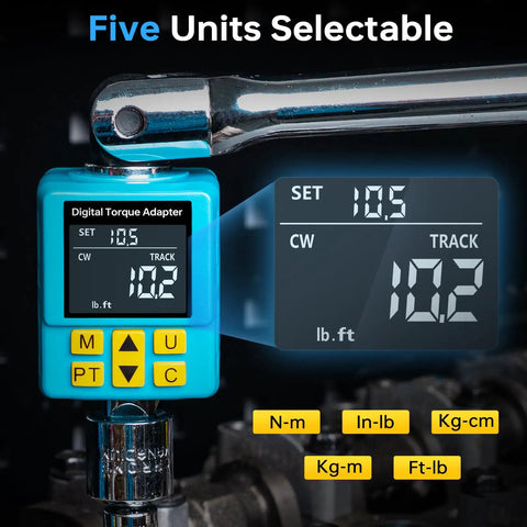 Half Inch Digital Torque Adapter With Color Display And Smart Alerts For Auto Maintenance Pro Grade Precision Peak Track Preset And Store Features Versatile Torque Wrench Adapter From 7.5 To 150 Foot Pound Range, shown in use on a wrench.