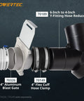 Top Notch Woodshop Essential Heavy Duty Dust Collector Y Fitting Six Inch To Four Inch Hose Reducer showing 4 inch aluminum blast gate and clamp.
