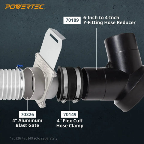 Top Notch Woodshop Essential Heavy Duty Dust Collector Y Fitting Six Inch To Four Inch Hose Reducer showing 4 inch aluminum blast gate and clamp.
