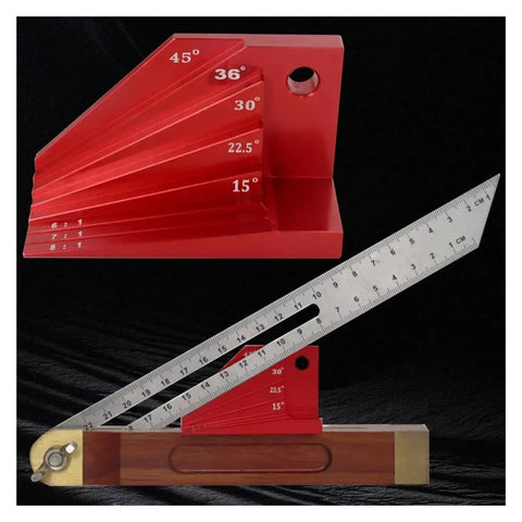 Digital Caliper, Micrometer Bevel Block Gauge Angle Finder Protractor with measuring angles from 15° to 45° in red.