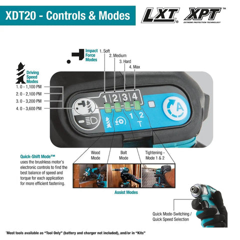 Control panel of 18V LXT Brushless Cordless Drill And Impact Driver Combo Kit showing modes and speed settings
