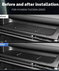 Before and after image of 2025 Hyundai Tucson passenger side console with Custom Fit Tray Mat installation.