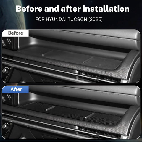 Before and after image of 2025 Hyundai Tucson passenger side console with Custom Fit Tray Mat installation.