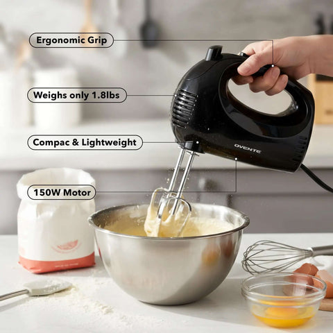 5 Speed Corded Hand Mixer With Stainless Steel Whisks, Compact Portable Design, Snap On Storage Case, 150W Lightweight Black Handheld Mixer For All Your Baking And Cooking Needs HM151B