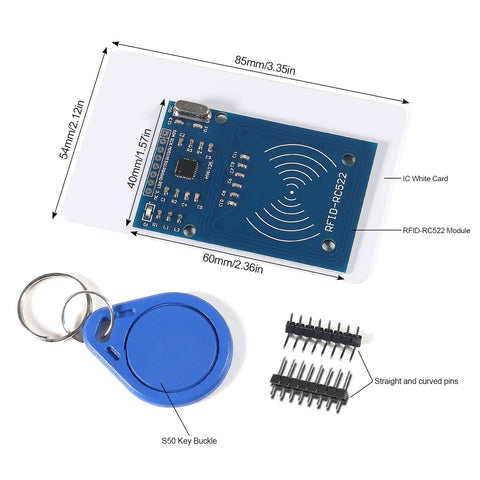 RFID-RC522 module on white card, S50 key buckle, and pins from 5Pcs RFID Kit With Mifare RC522 Reader Module For Development Projects